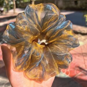 blue misty yarn shimmer scrunchie, elegant hair tie for ponytail, premium hair accessory