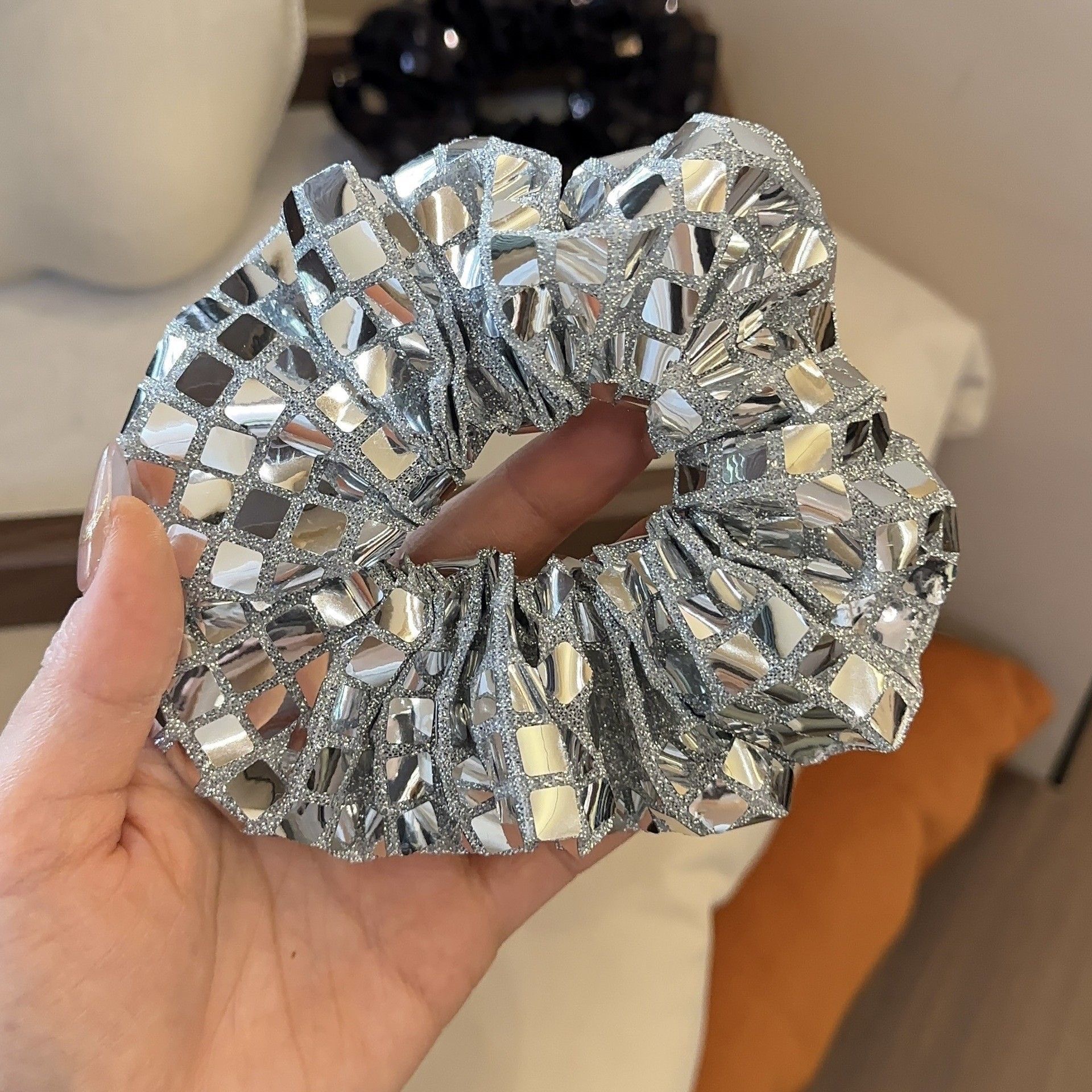 silver sequin square scrunchie, sparkly hair tie for dance & party, luxe eye catching design silver sequin square scrunchie, sparkly hair tie for dance & party, luxe eye catching design